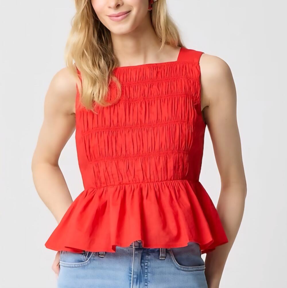 J.Crew Factory Smocked Peplum Top size 10 Red Square Neck Preppy Casual
